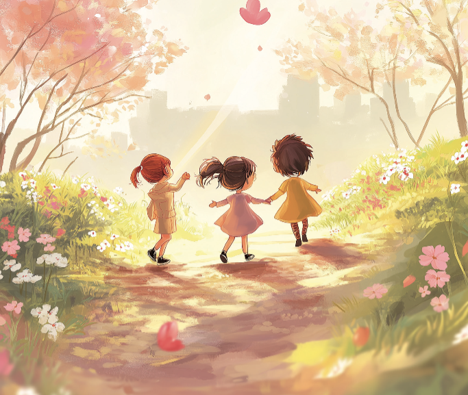 Drie kinderen lopen hand in hand over een zonnig bloemenpad