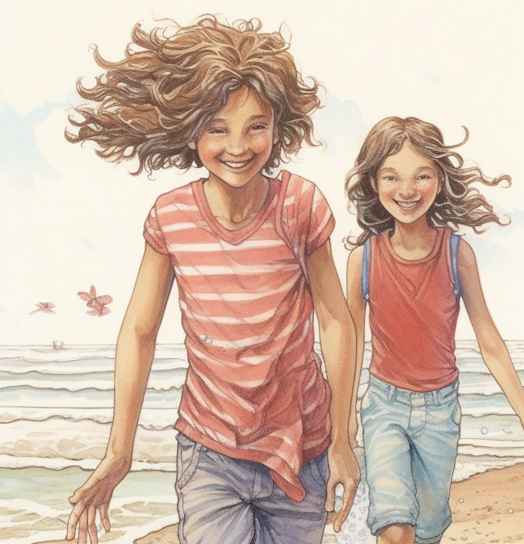 Twee lachende meisjes lopen blij over het strand